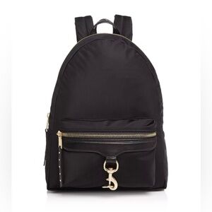 Black Rebecca Minkoff vinyl and leather backpack with gold accents.